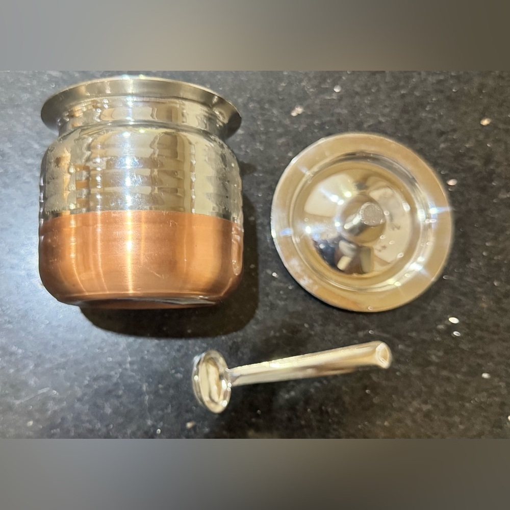 Stainless Steel Canister with Copper Band. Comes with a lid and spoon. Hammered!